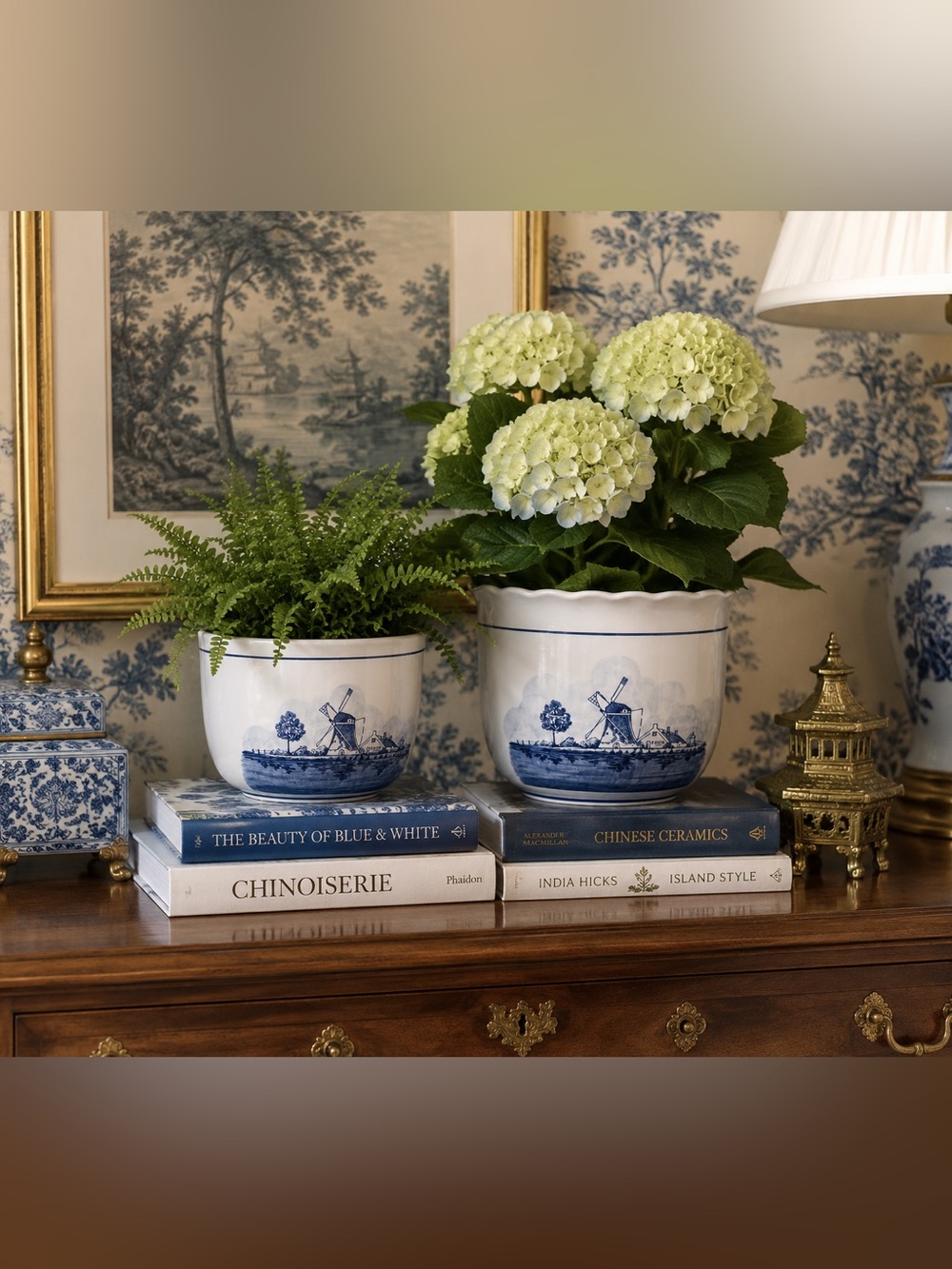 Vintage Delft Blue Dutch Windmill Ceramic Planter Cachepot Set Cottagecore Bowls - Picture 2 of 12
